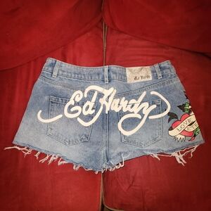 Ed Hardy Blue Jean Shorts with Tattoo Design